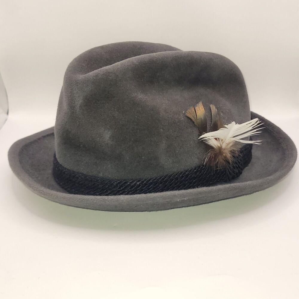 VTG Mallory Torino Quality Mens Fedora gray grey Hat Feather 6 3/4 Flaw